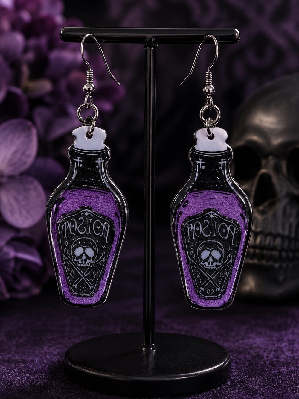 Poison Bottle Earrings Purple Glitter Skull & Crossbones Dangle Drop‎ Spooky